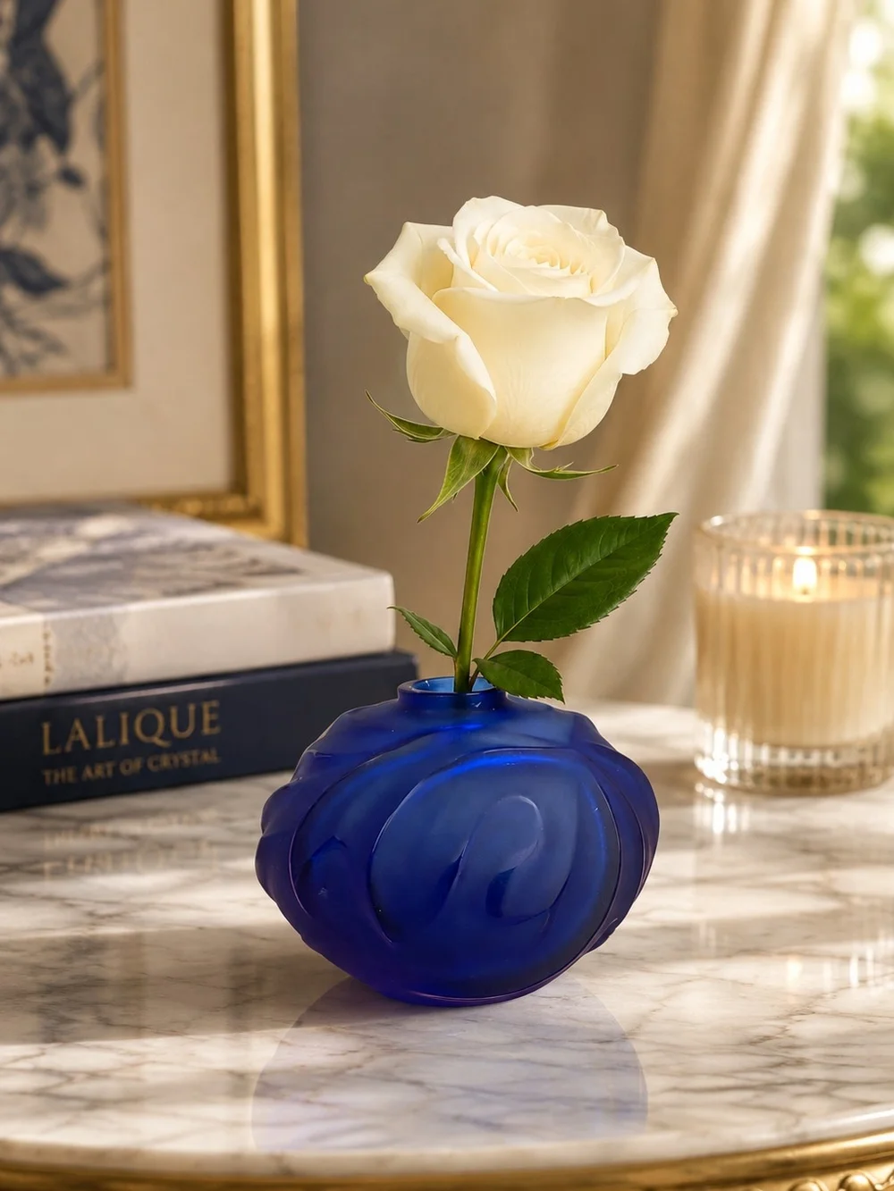 Lalique France Crystal Royal Palm Soliflore Bud Vase Cobalt Blue Signed Vintage